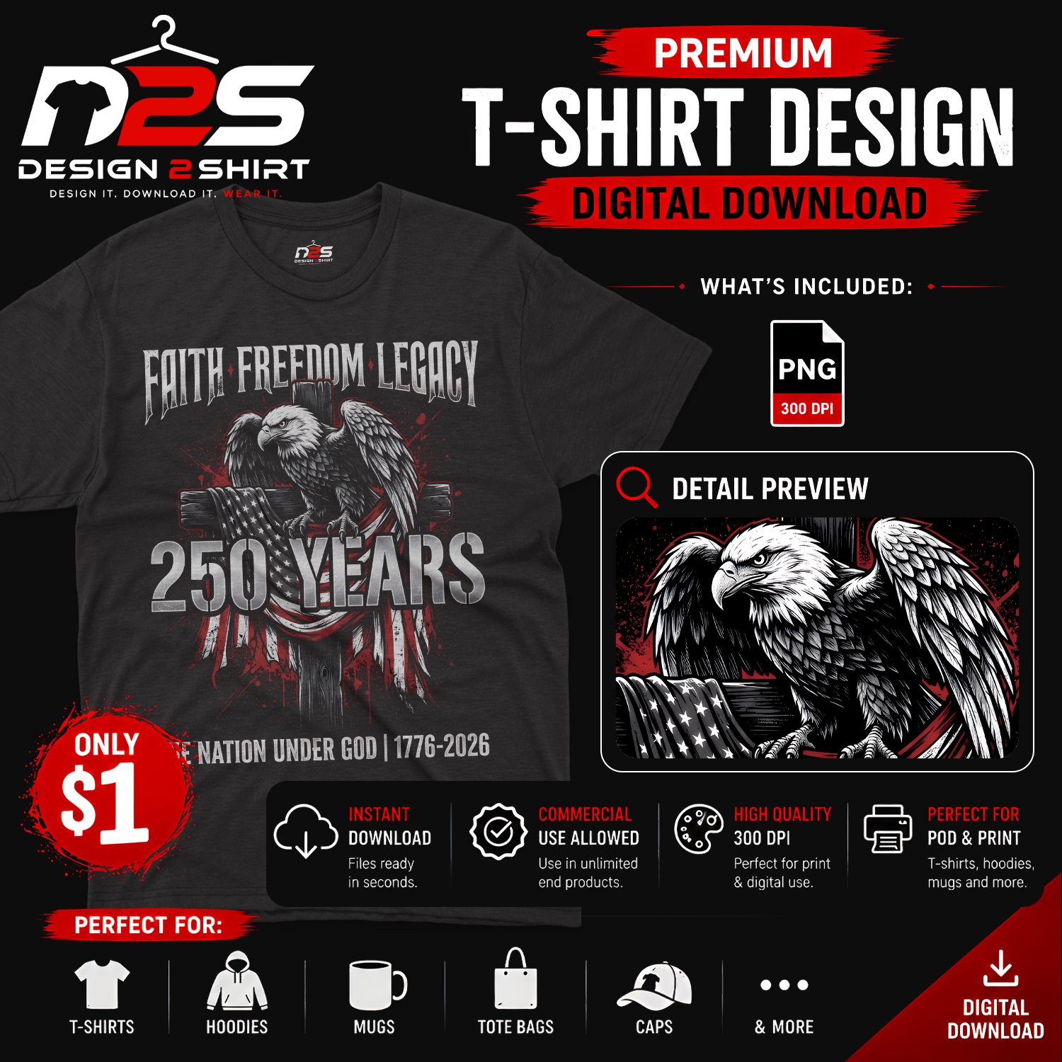 250 Years Faith Freedom patriotic PNG Digital Download with vintage American style
