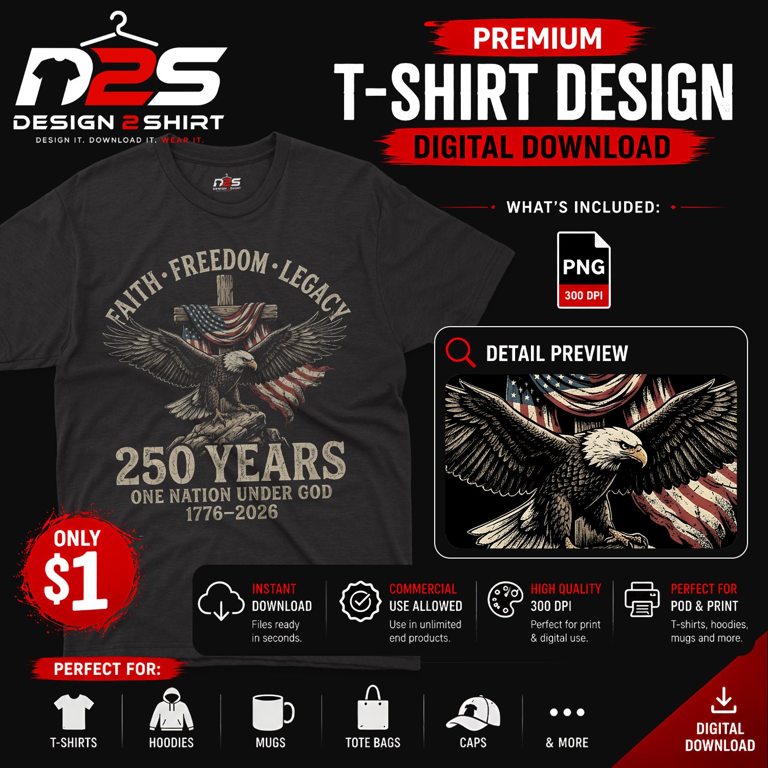 250 Years Faith Freedom Legacy Eagle patriotic eagle PNG artwork for apparel and craft projects