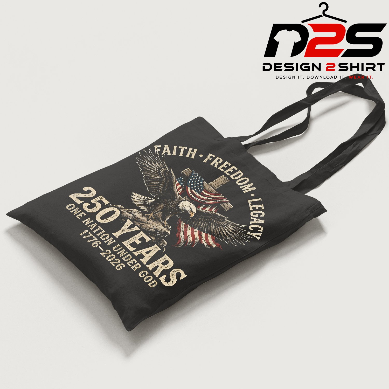 Vintage American eagle graphic celebrating faith, freedom, and national heritage
