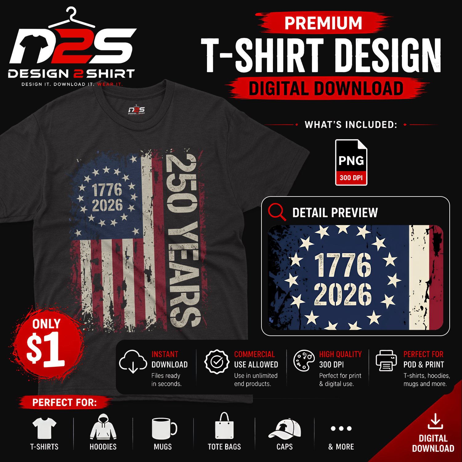 250th Anniversary USA patriotic PNG Digital Download for T-shirt printing
