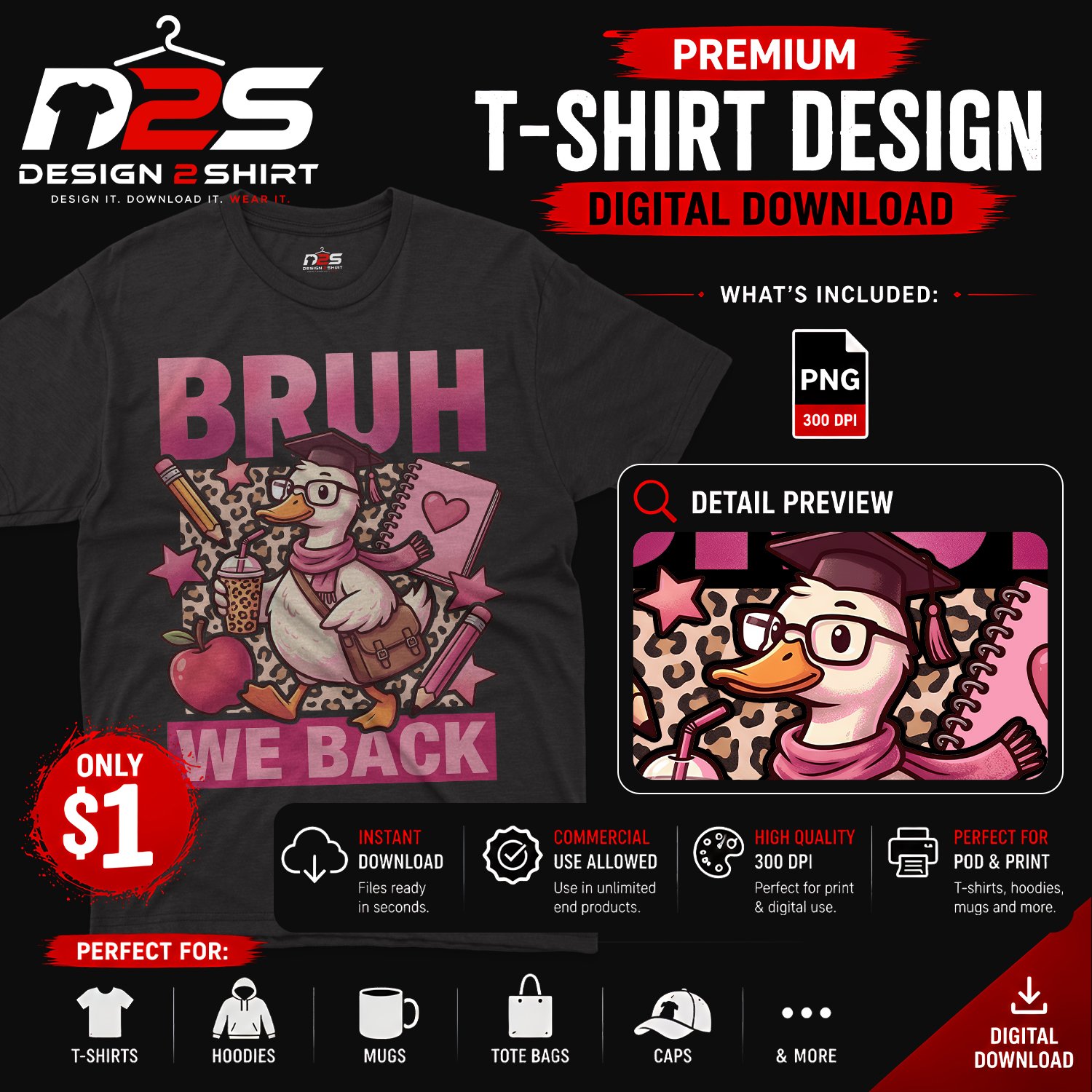 Back to School Goose Bruh We Back funny goose PNG design for school apparel
