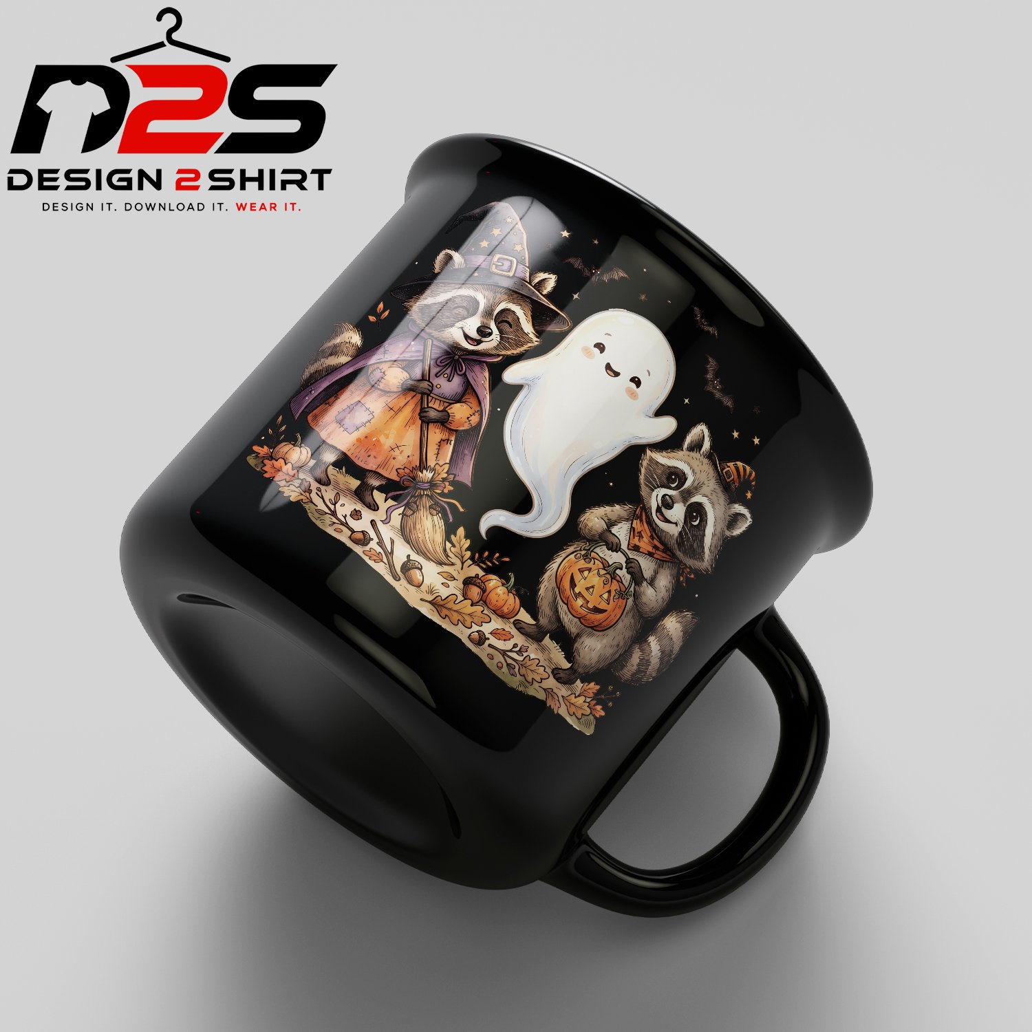 Playful spooky raccoon artwork for seasonal apparel, mugs, stickers, and DIY crafts