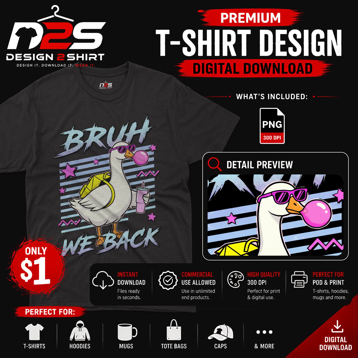 Bruh We Back Goose Back To School funny goose PNG for school-themed apparel