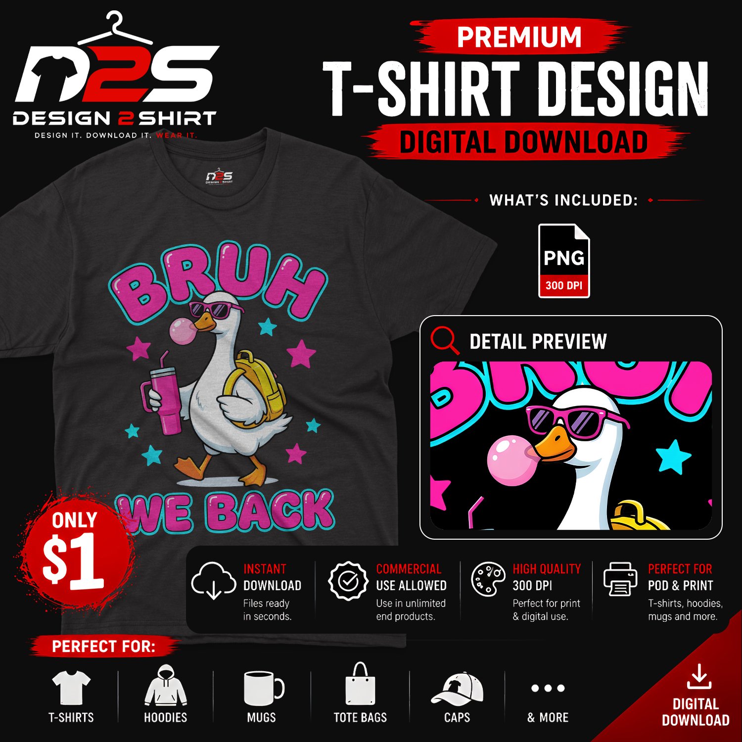 Bruh We Back Goose Bubble Gum PNG design with transparent background for sublimation