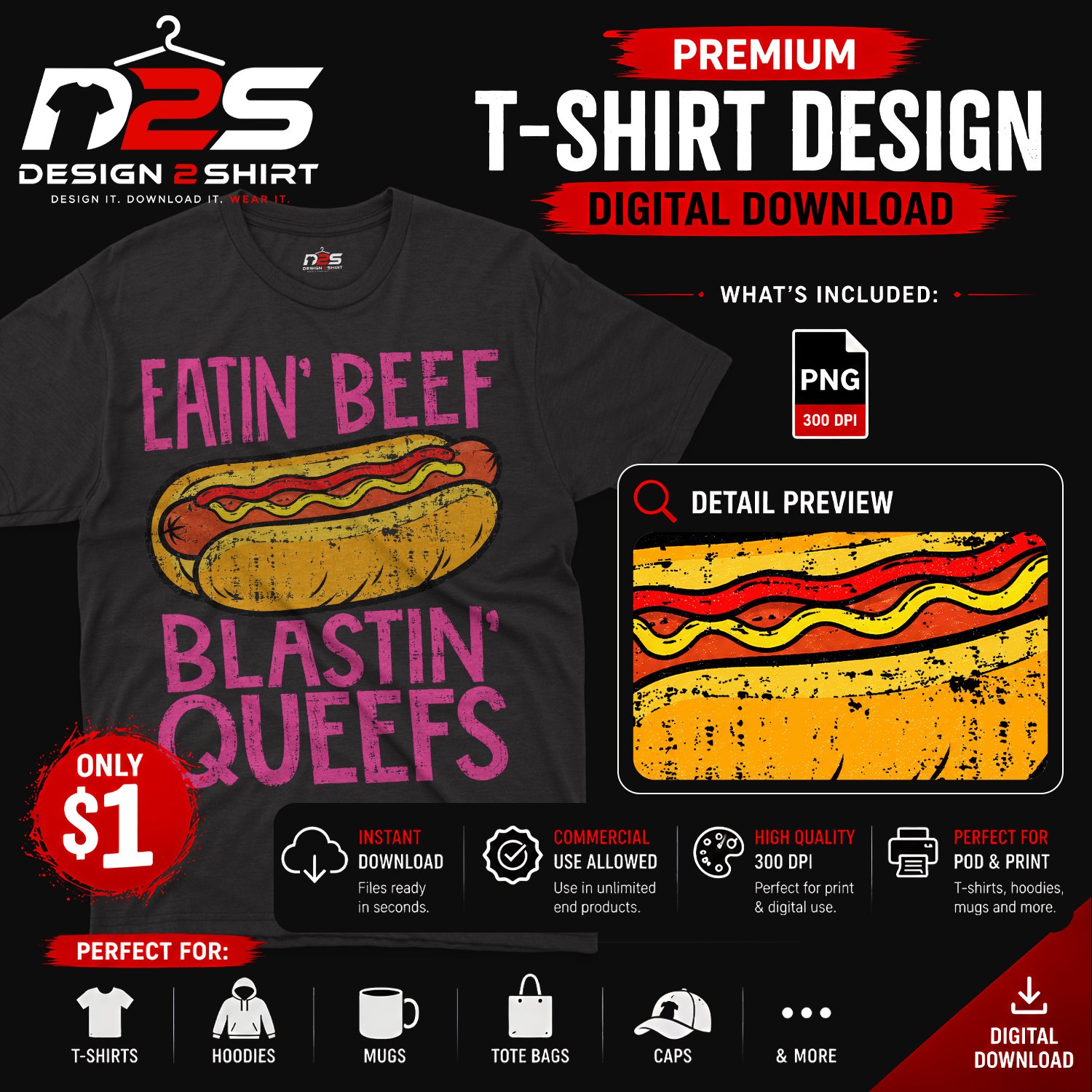 Hotdog Eatin Beef Blastin Queefs PNG design displayed on a black graphic t-shirt mockup.