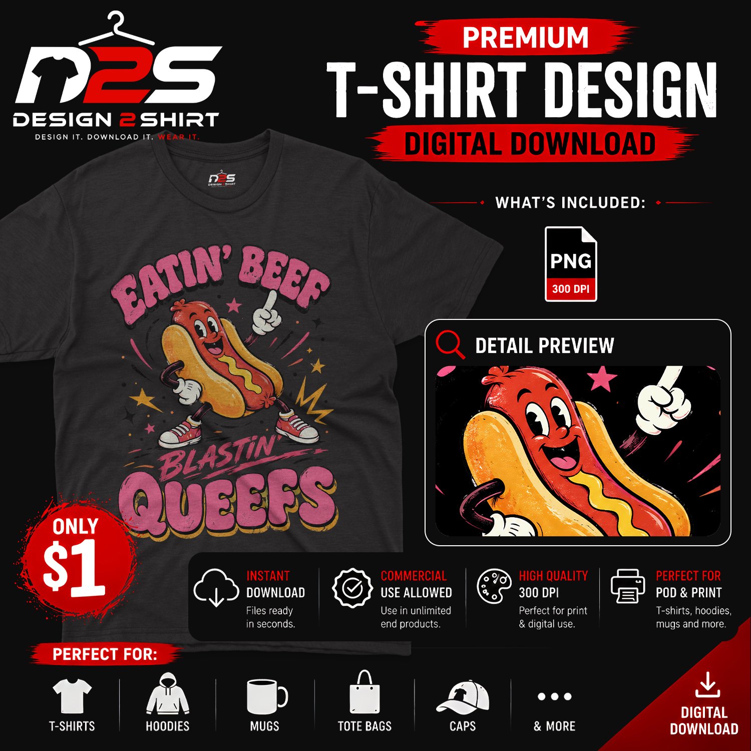 Hotdog Eatin Beef Blastin Queefs PNG design displayed on a black graphic t-shirt mockup.