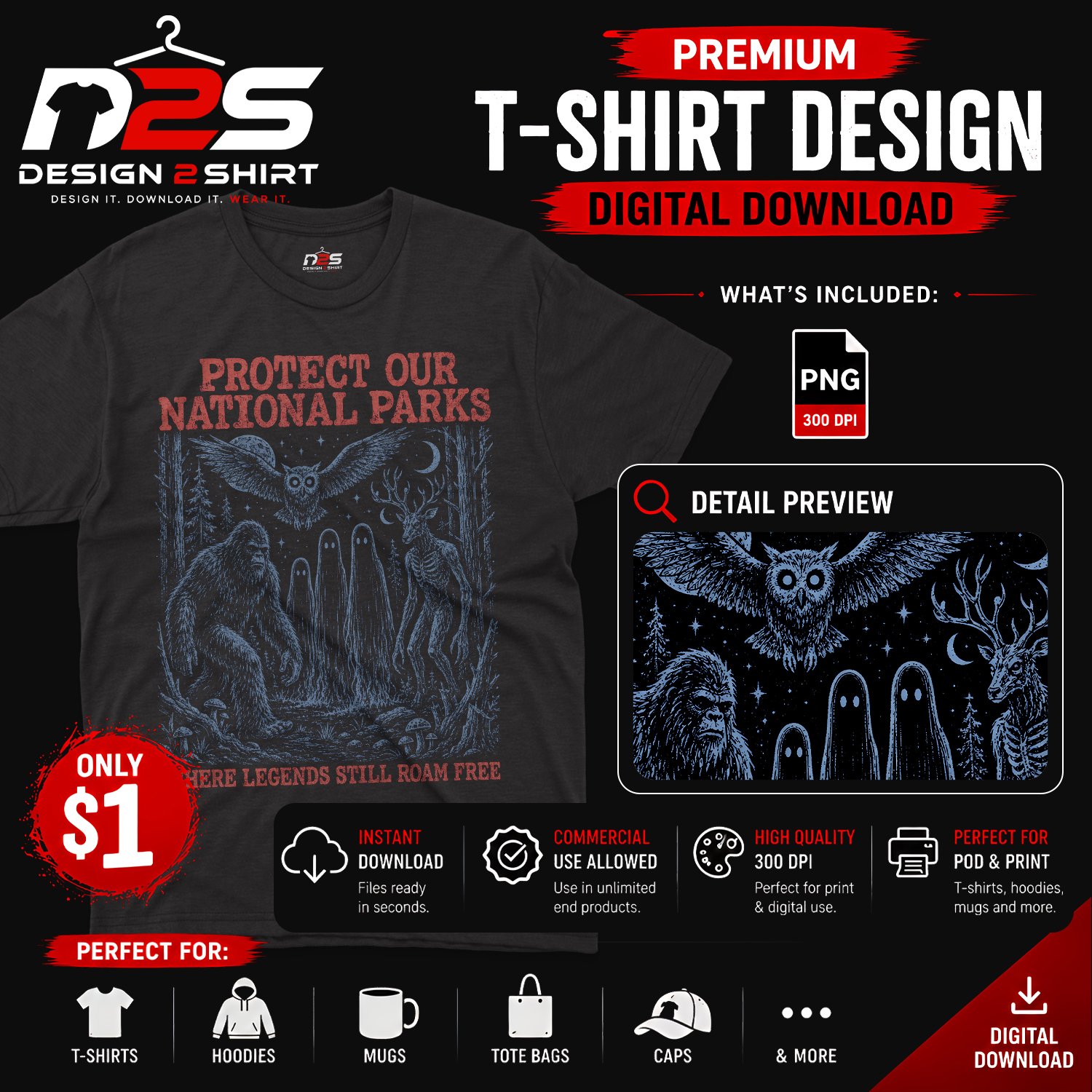 Protect Our National Parks Mothman Cryptid Weirdcore Horror PNG artwork with transparent background for sublimation printing