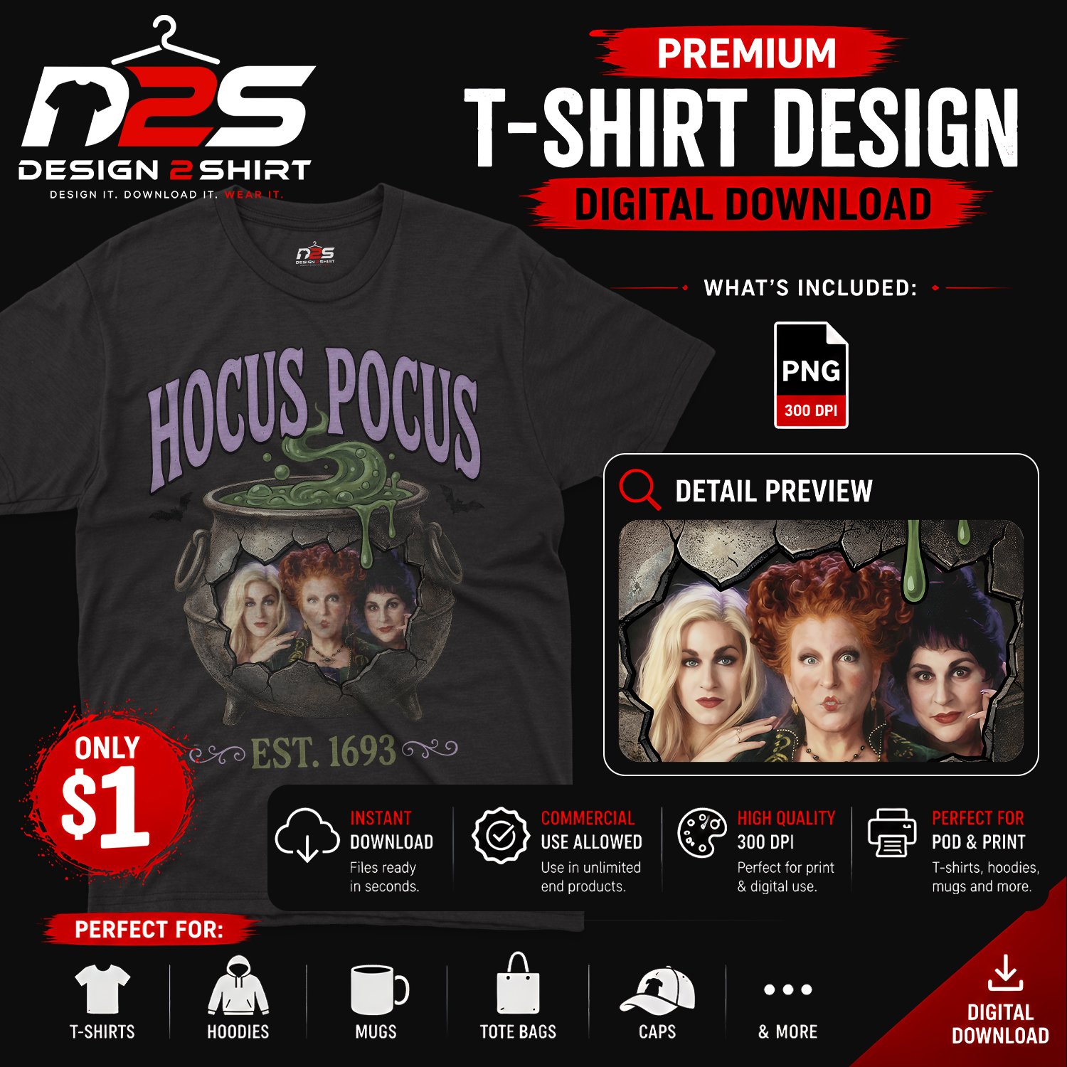 Vintage Hocus Pocus Halloween Witch PNG Digital Download with transparent background for Halloween T-shirt printing.