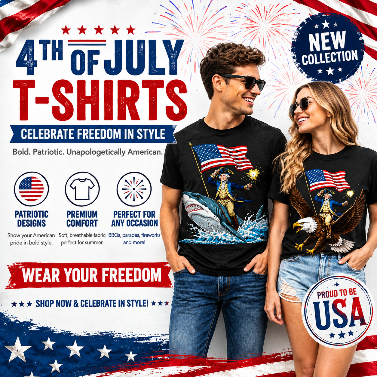 George Washington riding a shark shirt design