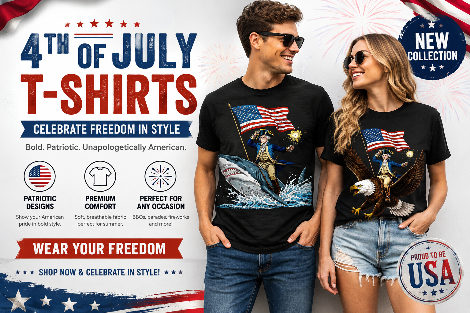 George Washington riding a shark shirt design