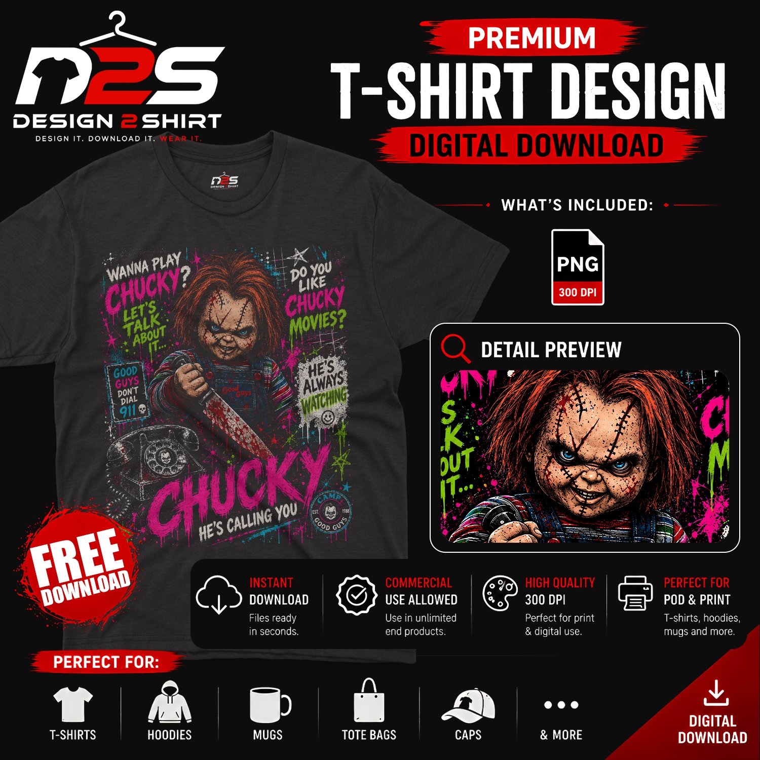 Chucky Halloween Horror Movie Free PNG digital artwork with transparent background