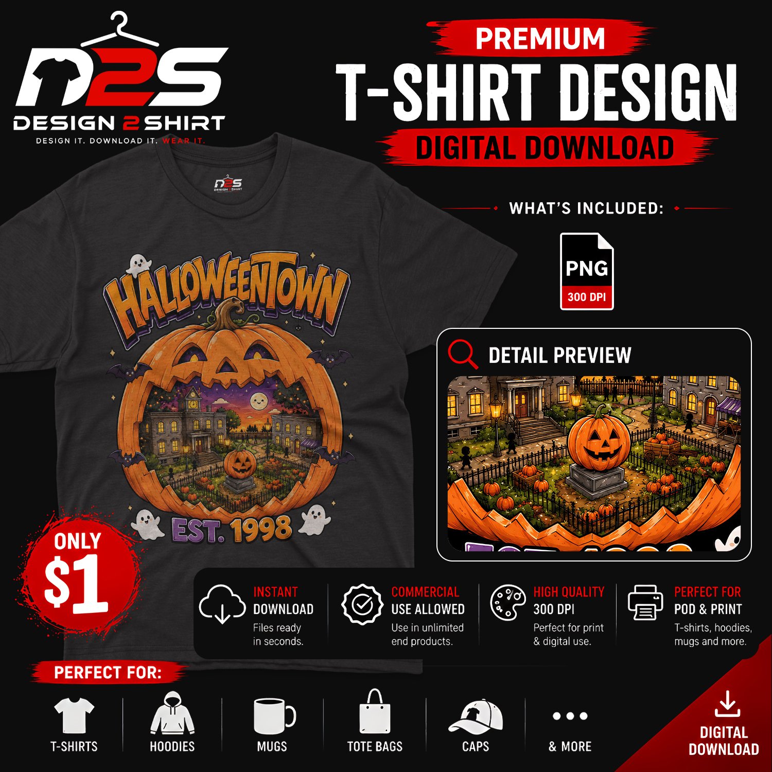 Cute Halloweentown Est. 1998 Pumpkin Village PNG Digital Download for Halloween crafts