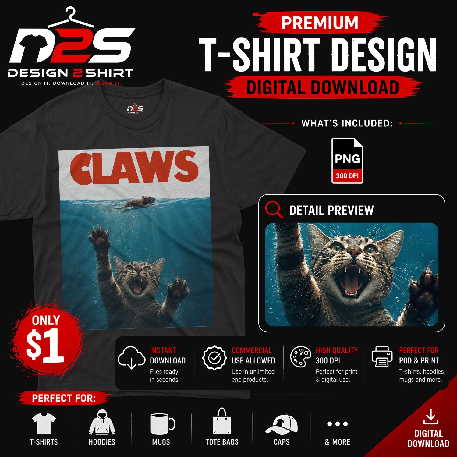 Funny Claws Cat Parody Movie Jaws PNG Digital Download with transparent background
