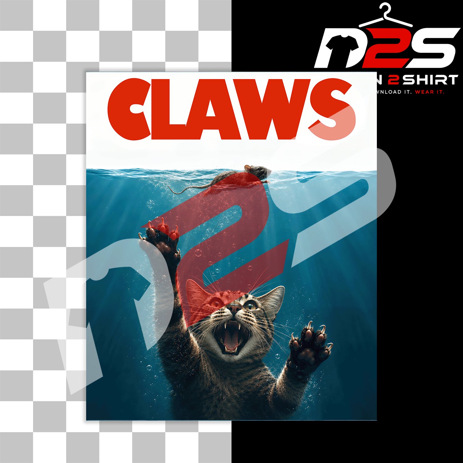 Funny Claws Cat Parody Movie Jaws printable cat parody artwork for sublimation