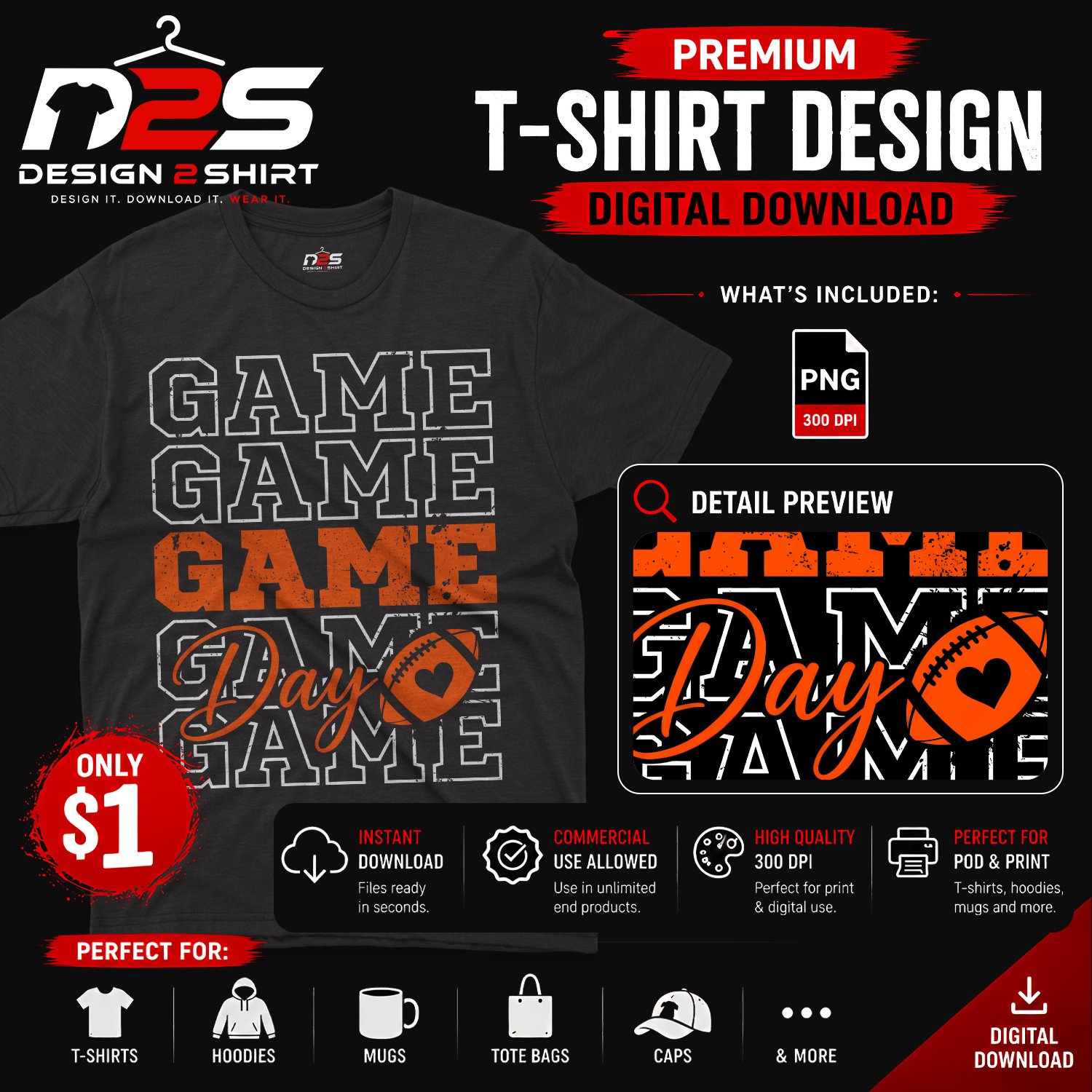 Game Day Football Touchdown NFL PNG design displayed on a football-themed shirt