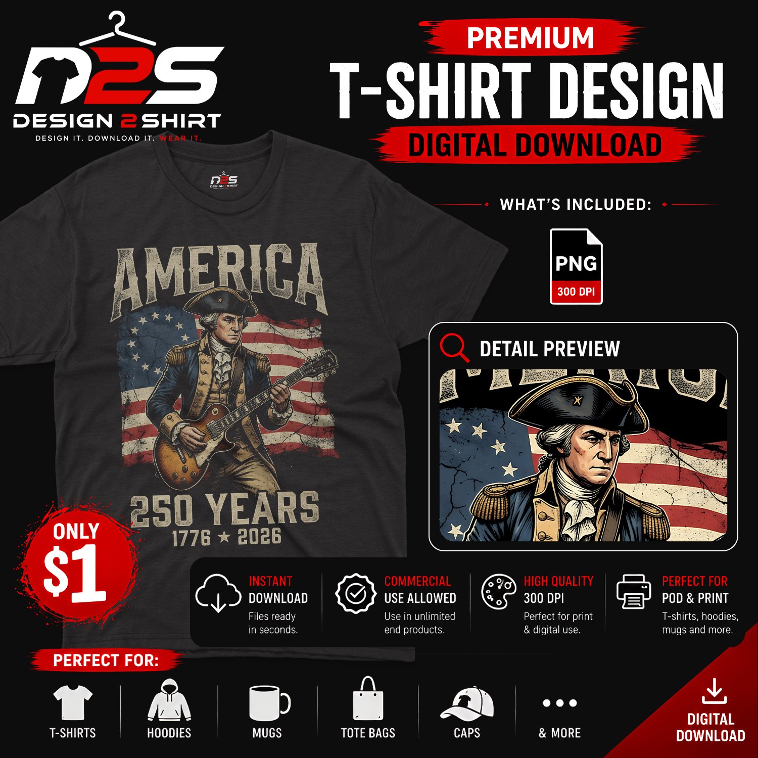 George Washington Playing Guitar 250 Years patriotic design
