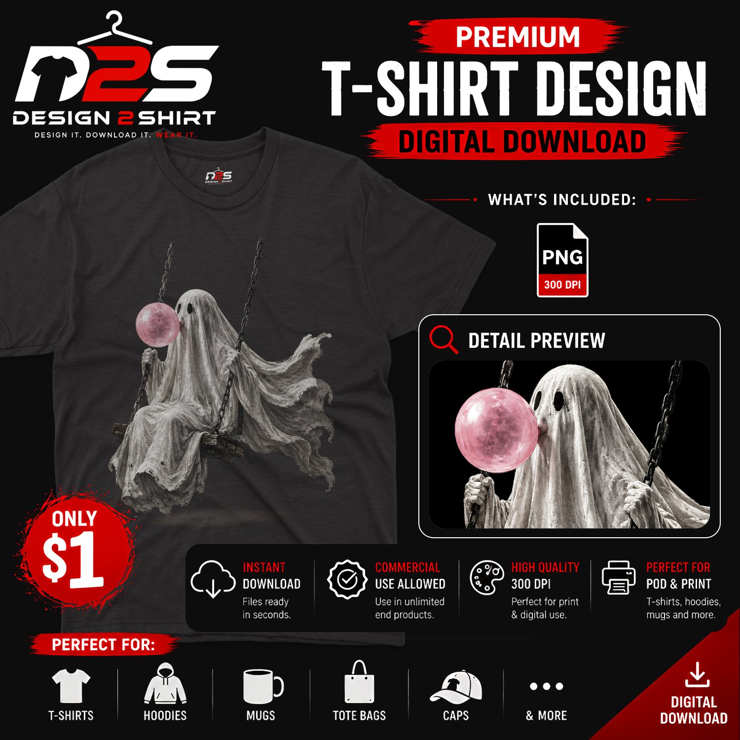 Halloween Ghost On Swing Blowing Bubble Gum PNG Digital Download with transparent background