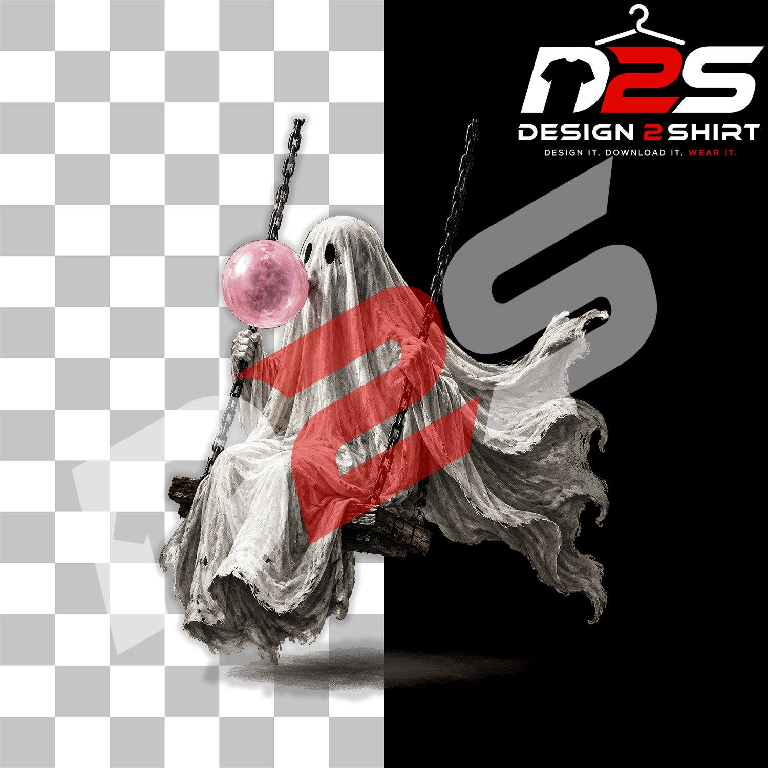 Cute Halloween ghost swinging while blowing pink bubble gum illustration