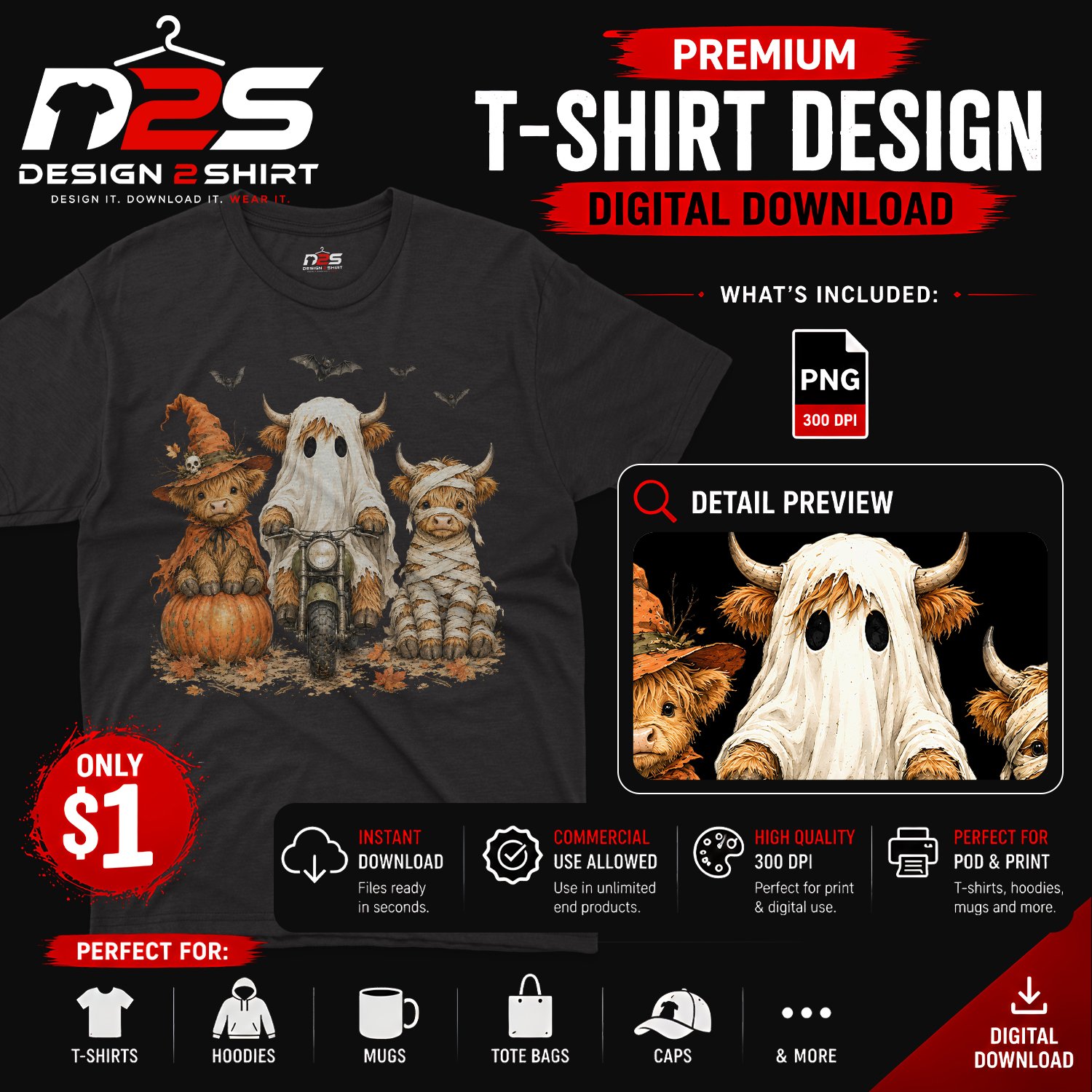 Halloween Highland Cow PNG digital download for sublimation T-shirt design
