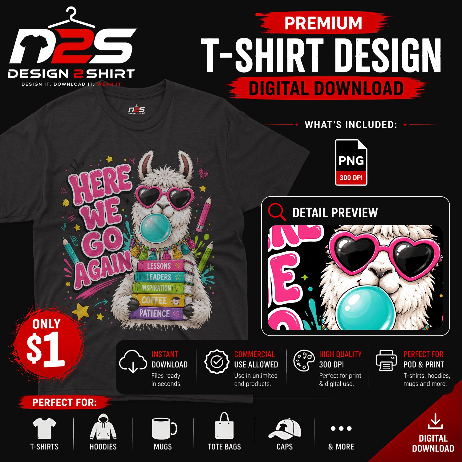 Here We Go Again Llama Teacher PNG Digital Download