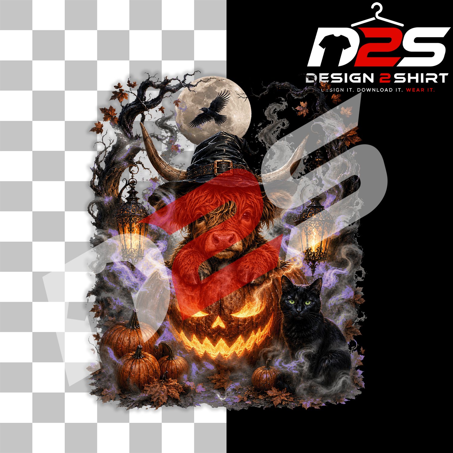 Cute Highland Cow Halloween printable artwork with transparent background