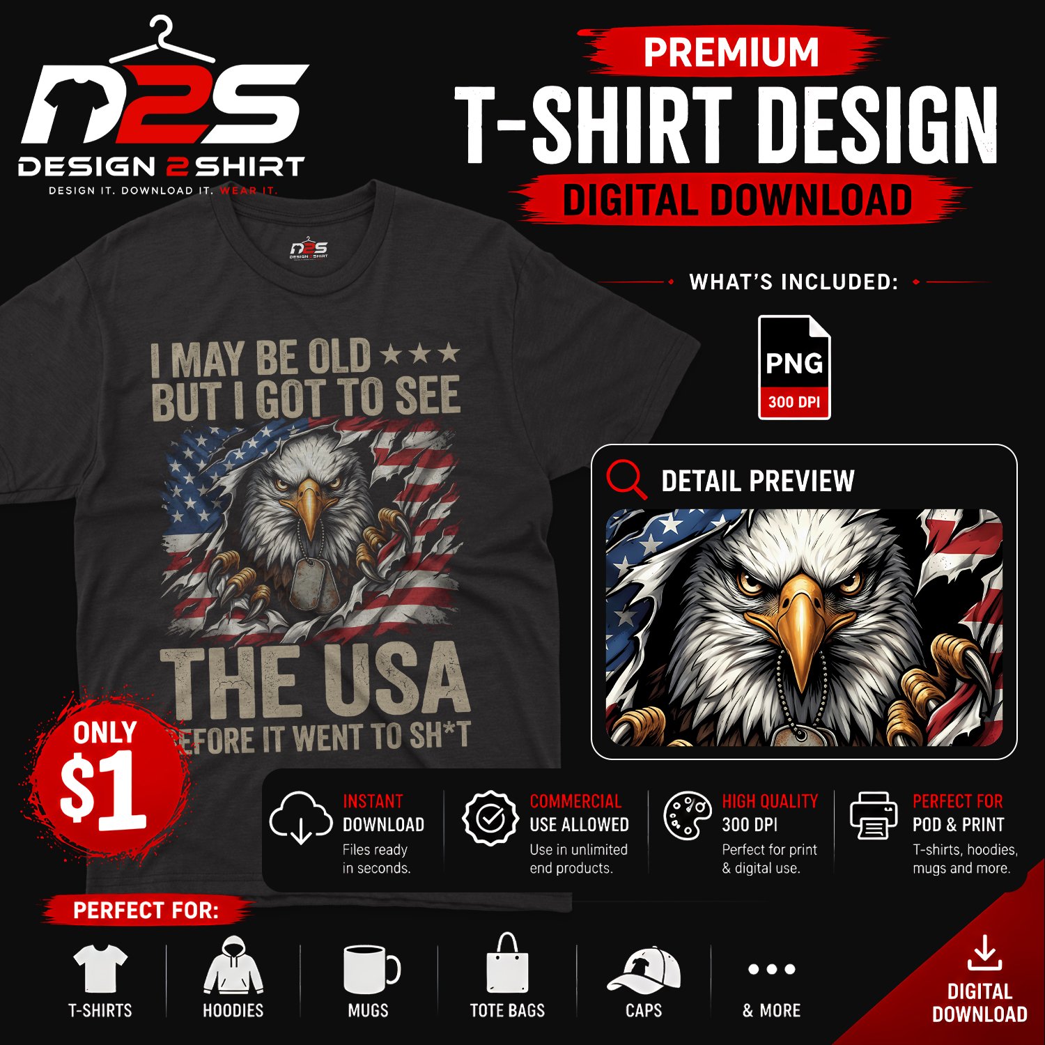 I May Be Old But I Got To See The USA Eagle digital design displayed as a transparent PNG preview