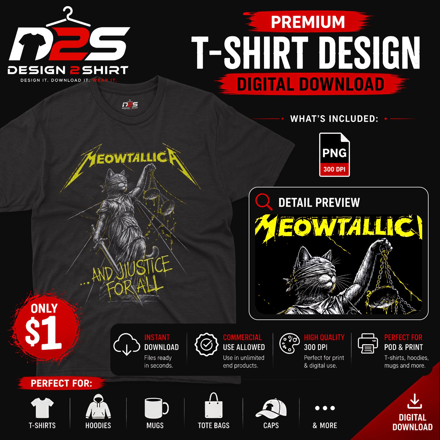 Meowtallica Funny Cat Parody PNG design with transparent background for sublimation printing.