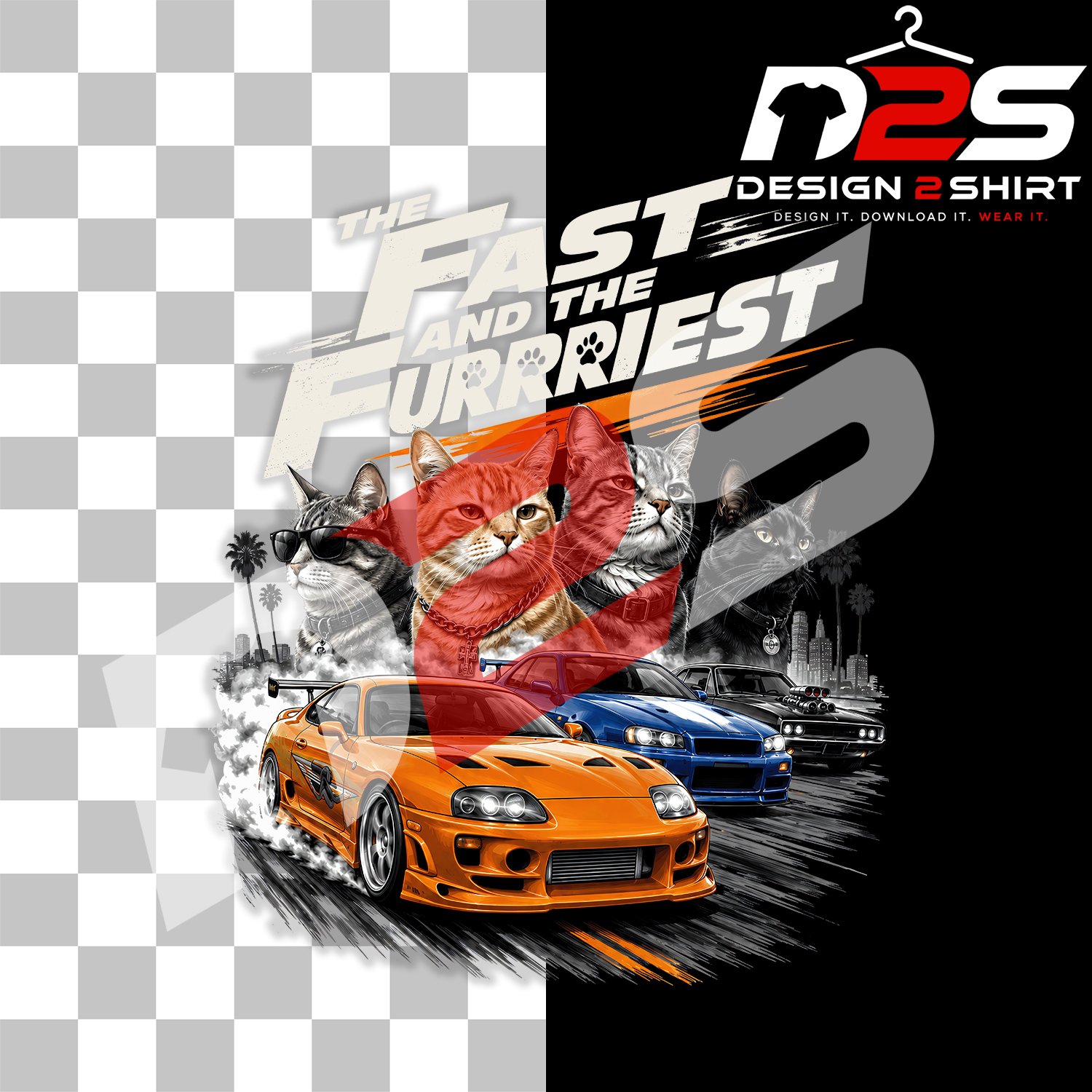 The Fast and The Furriest Funny Cat high-resolution sublimation PNG artwork