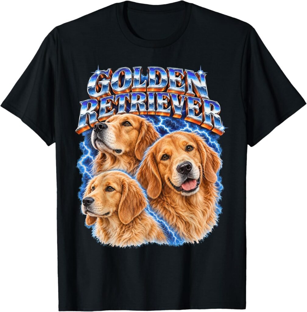 80s rock inspired dog heavy metal graphic on t-shirt