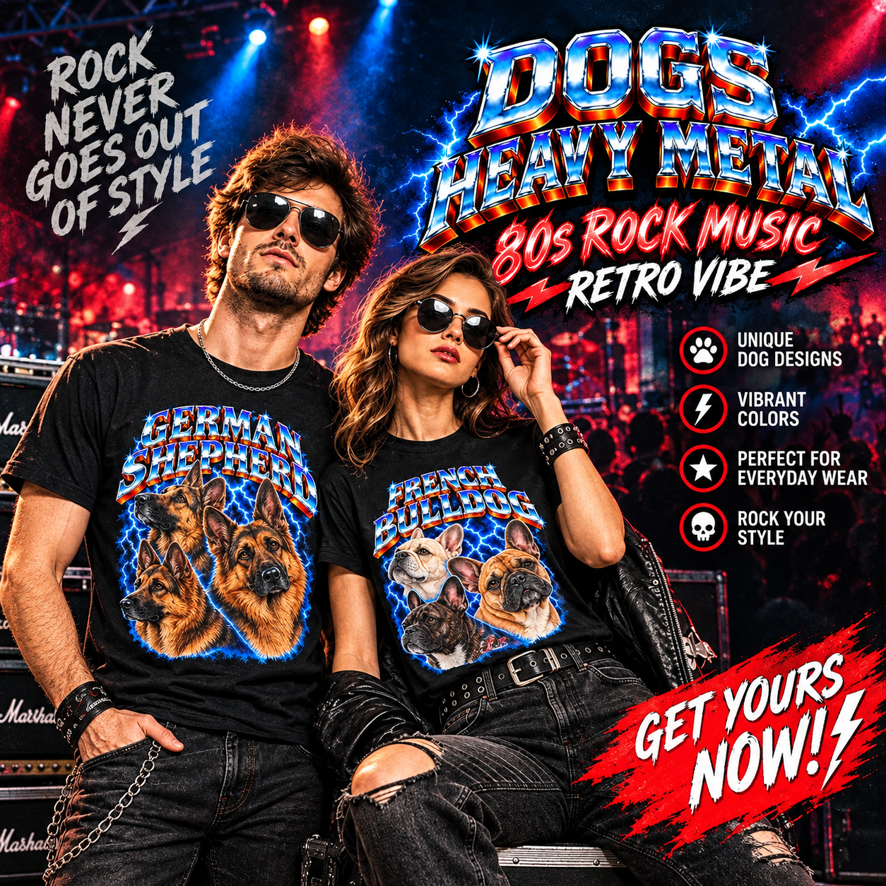 Dogs Heavy Metal 80s Rock Music Retro Vibe design on a t-shirt